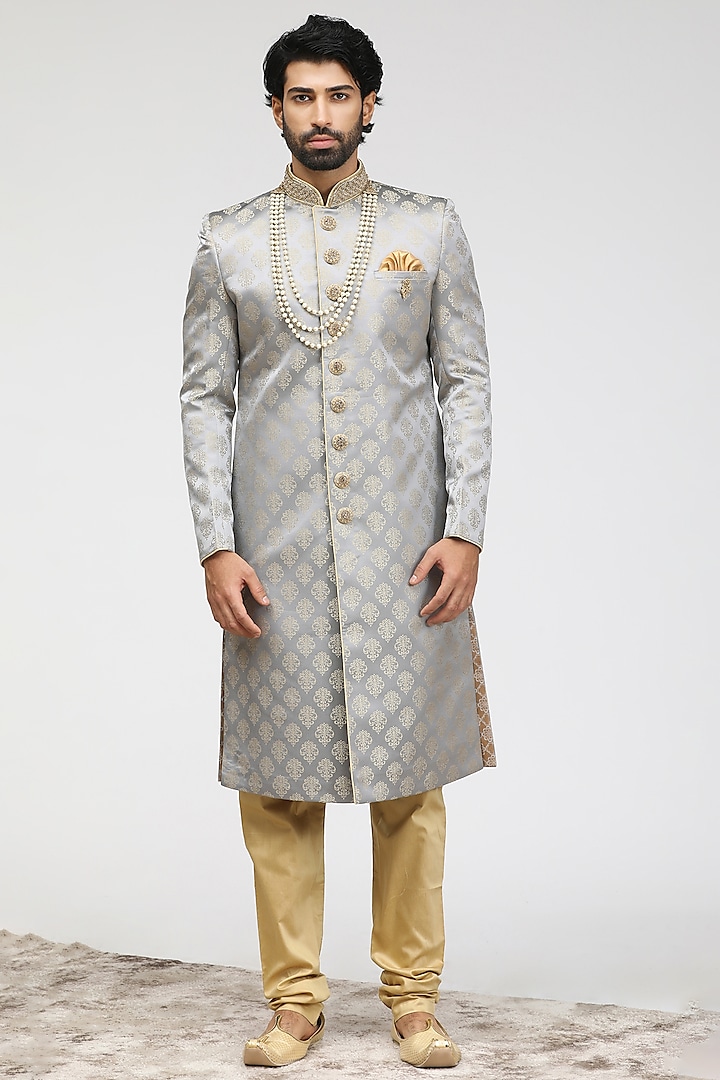 Dark Grey Blended Viscose Self-Textured Sherwani Set by Manyavar at Pernia's Pop Up Shop