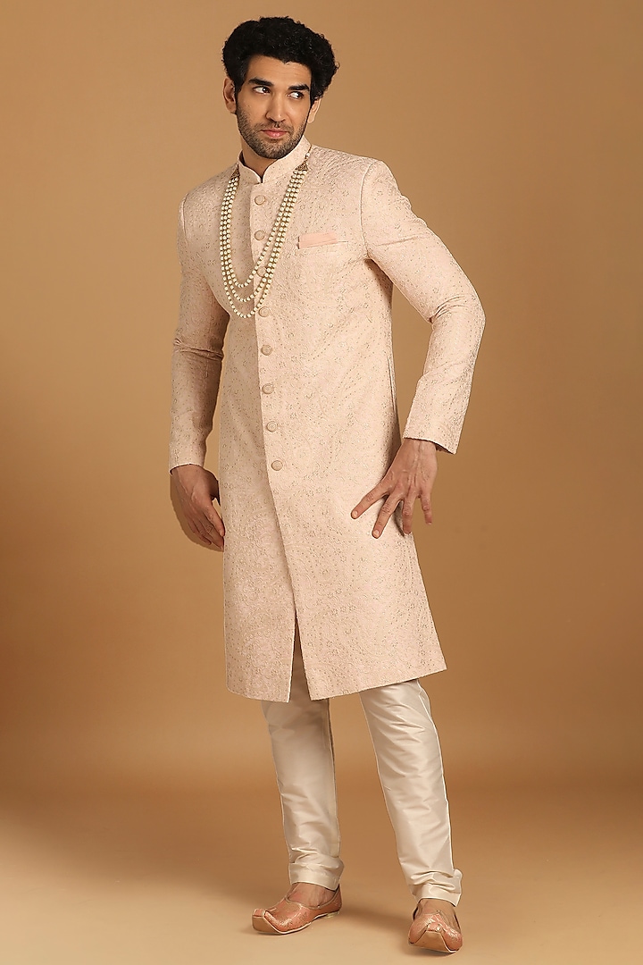 Pink Art Silk Self-Textured Sherwani Set by Manyavar