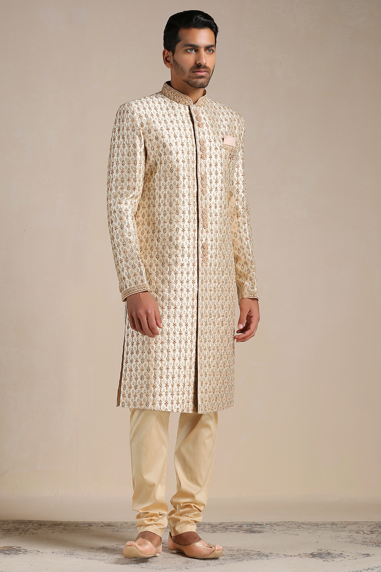 Beige Art Silk Floral Pattern Self-Textured Sherwani Set by Manyavar at Pernia's Pop Up Shop