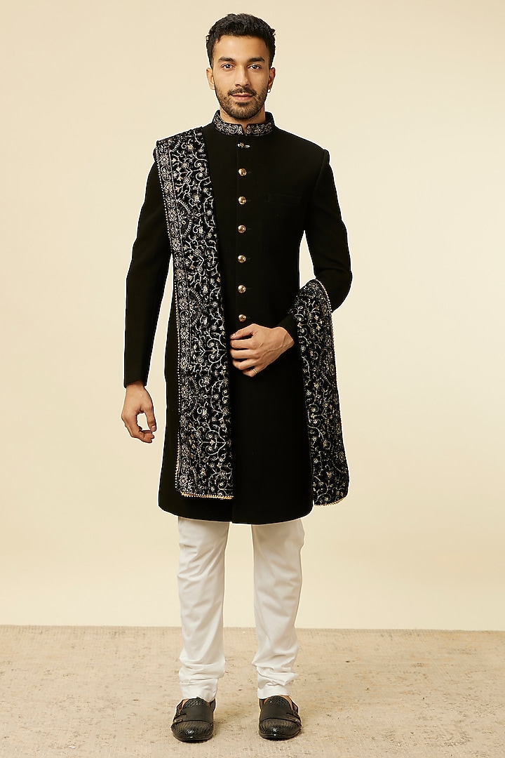 Black Jacquard Embroidered Sherwani Set by Manyavar