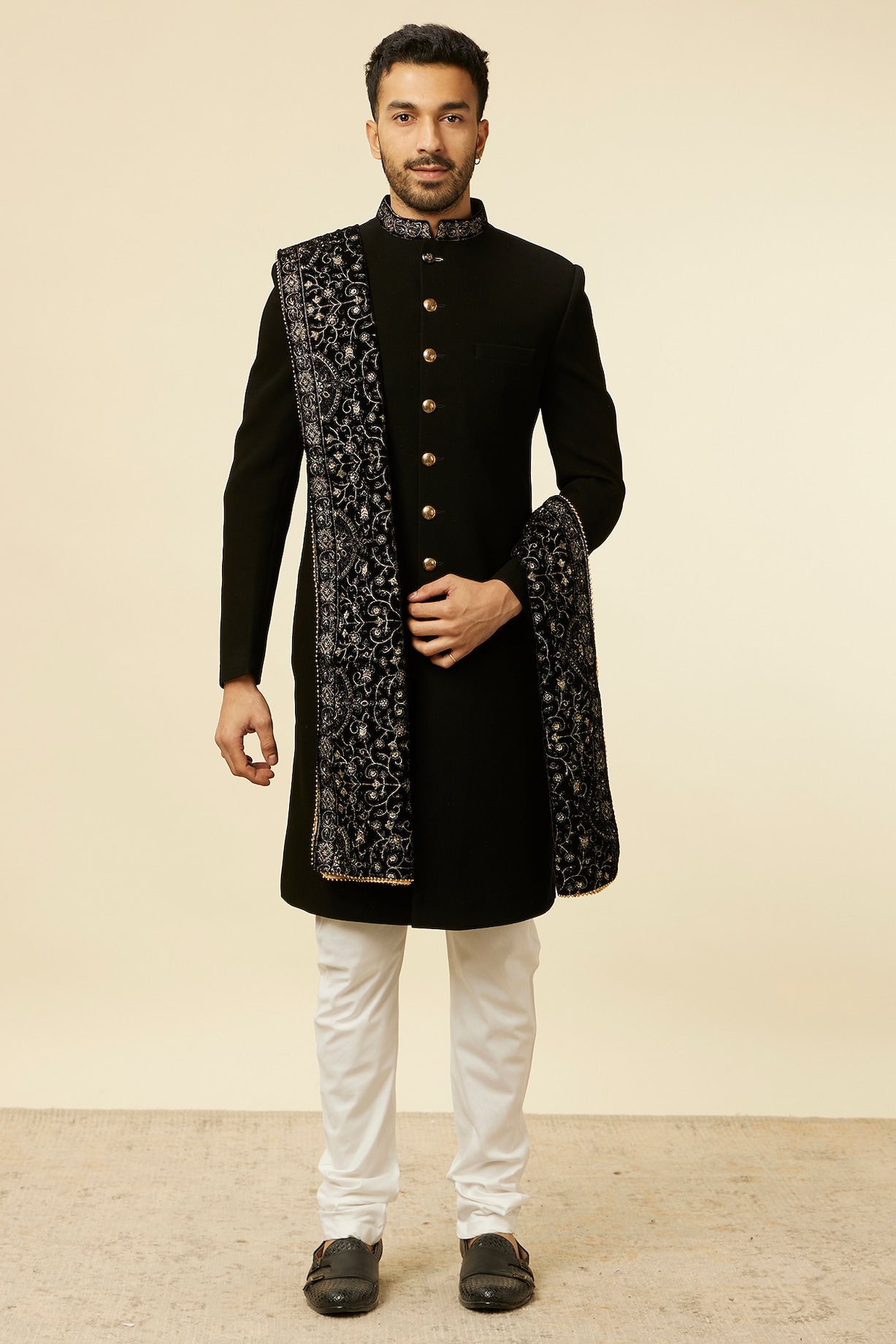 Black Jacquard Embroidered Sherwani Set by Manyavar at Pernia's