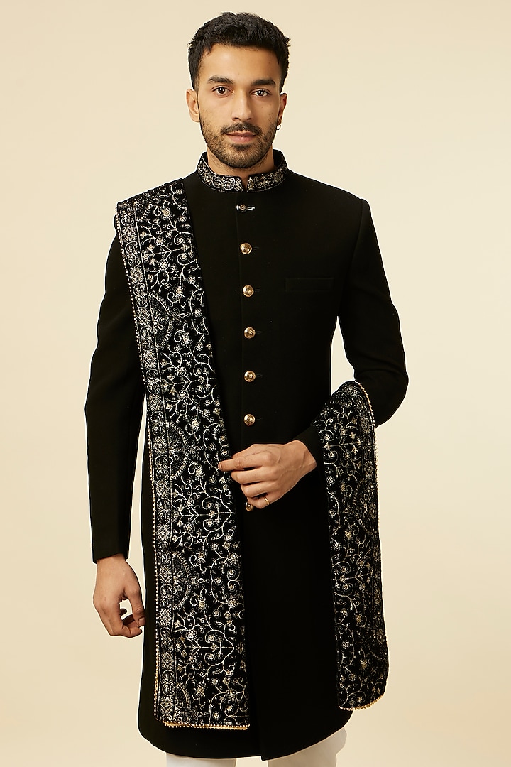 Black Jacquard Embroidered Sherwani Set by Manyavar at Pernia's