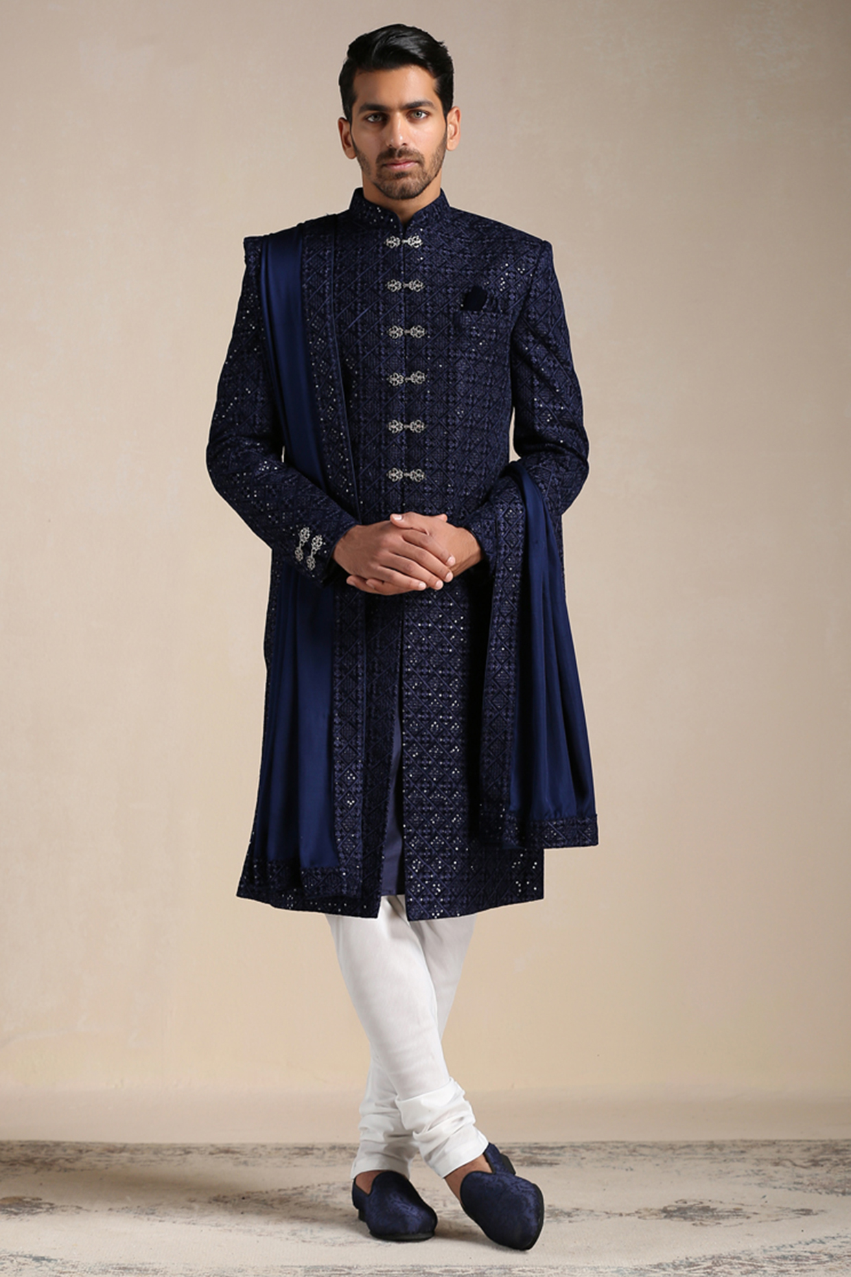 Dark Blue Velvet Self-Textured Sherwani Set by Manyavar at Pernia's Pop Up Shop