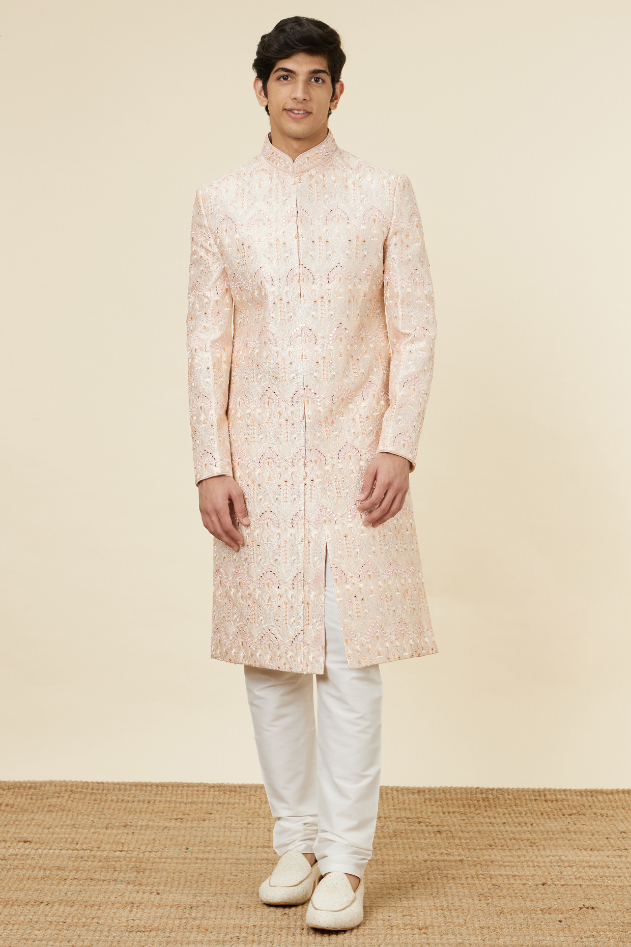 Peach Art Silk Self-Textured Wedding Sherwani Set by Manyavar at Pernia's Pop Up Shop