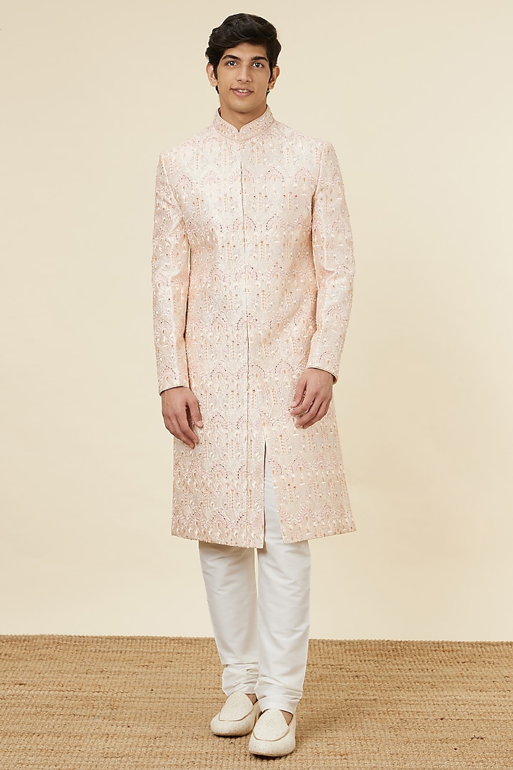 Peach Art Silk Self-Textured Wedding Sherwani Set by Manyavar at Pernia's Pop Up Shop