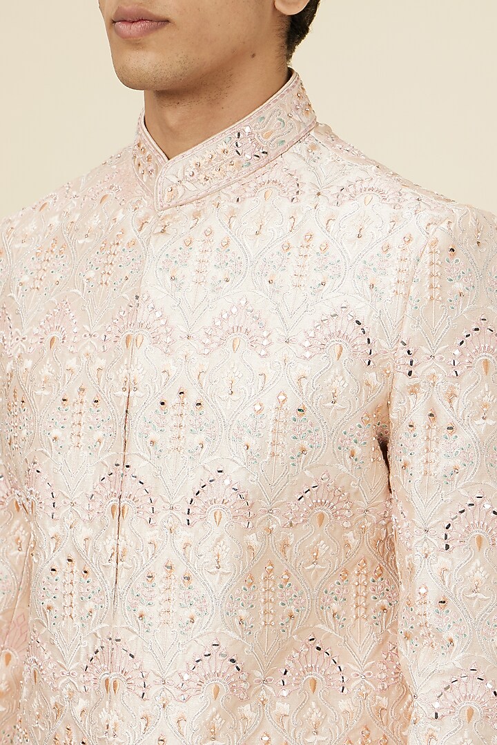 Peach Art Silk Self-Textured Wedding Sherwani Set by Manyavar at Pernia's Pop Up Shop