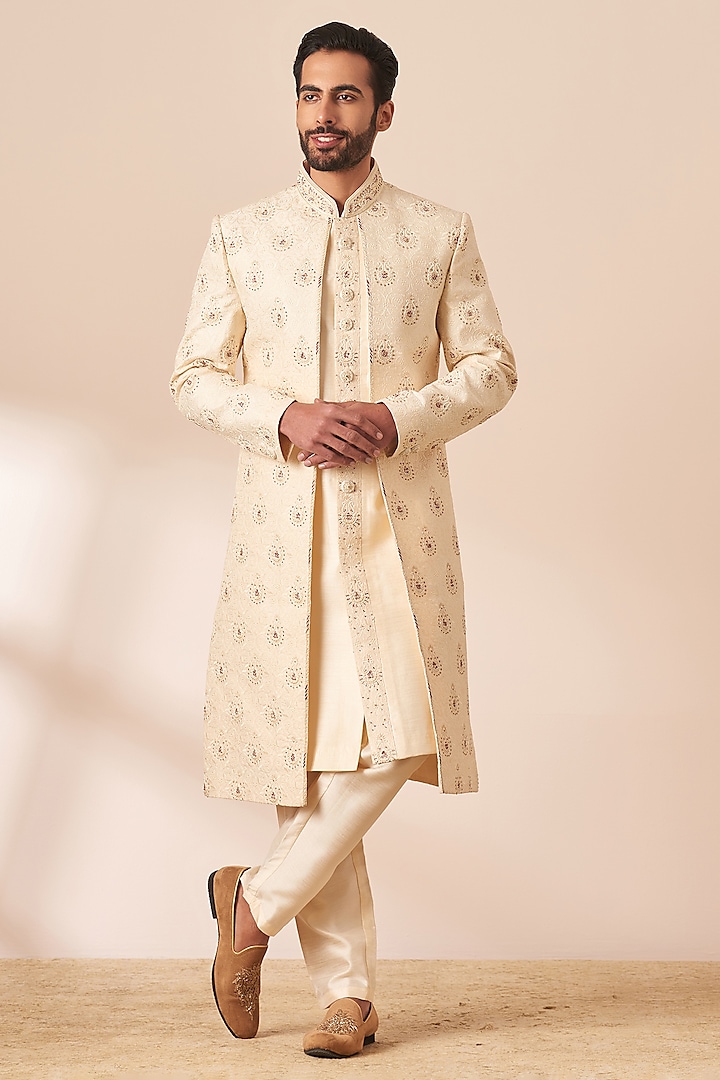 Beige Art Silk Self-Textured Sherwani Set by Manyavar