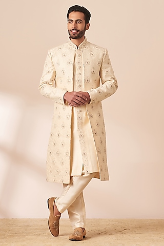 Beige Art Silk Self-Textured Sherwani Set by Manyavar