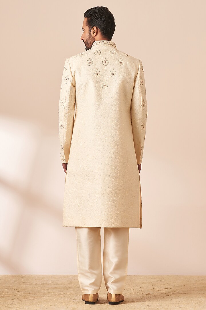 Buy Manyavar Beige Art Silk Self-Textured Sherwani Set at Pernia