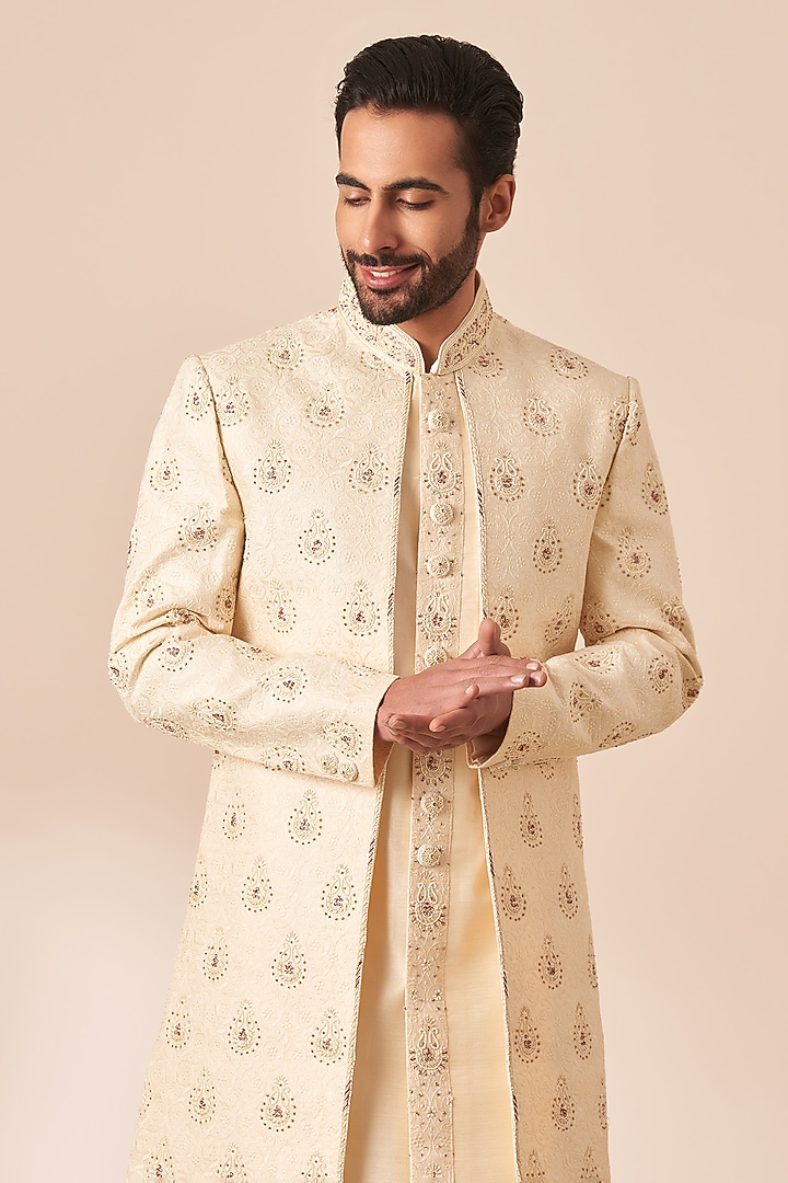 Beige Art Silk Self-Textured Wedding Sherwani Set by Manyavar at Pernia's Pop Up Shop