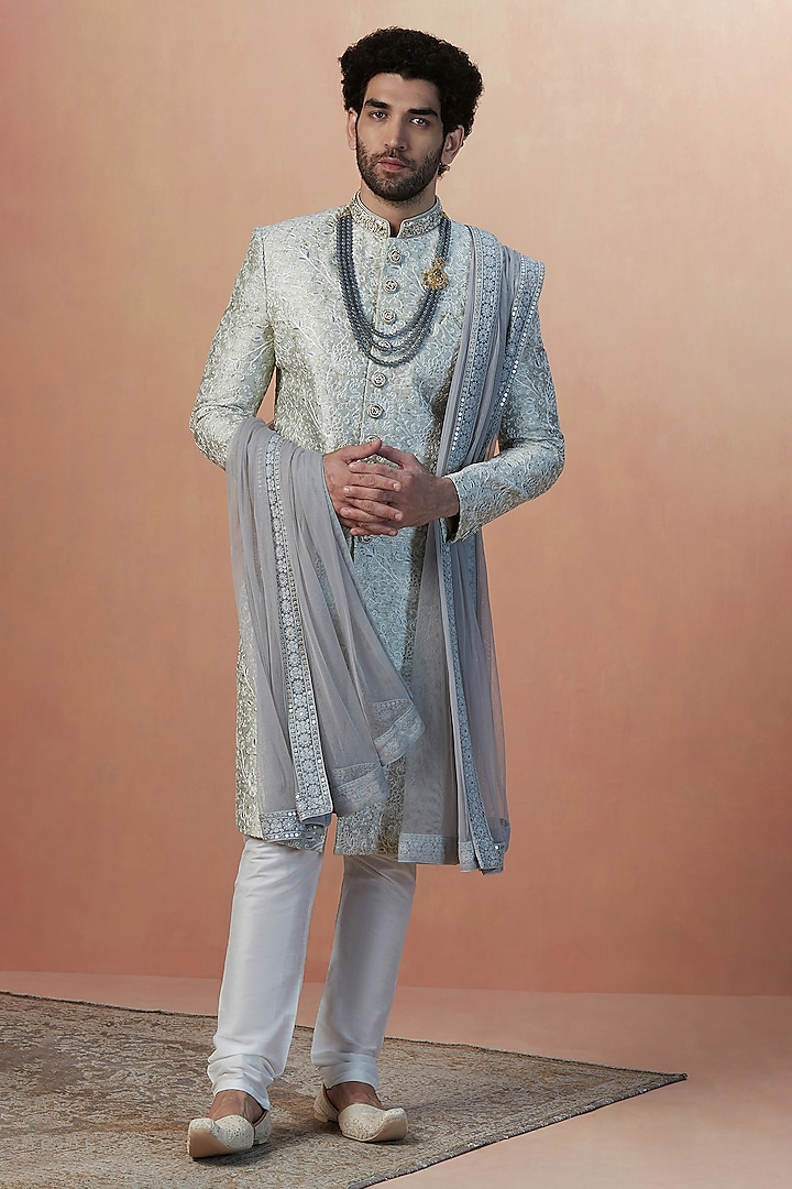 Smoke Grey Art Silk Floral Printed Self-Textured Wedding Sherwani Set by Manyavar at Pernia's Pop Up Shop