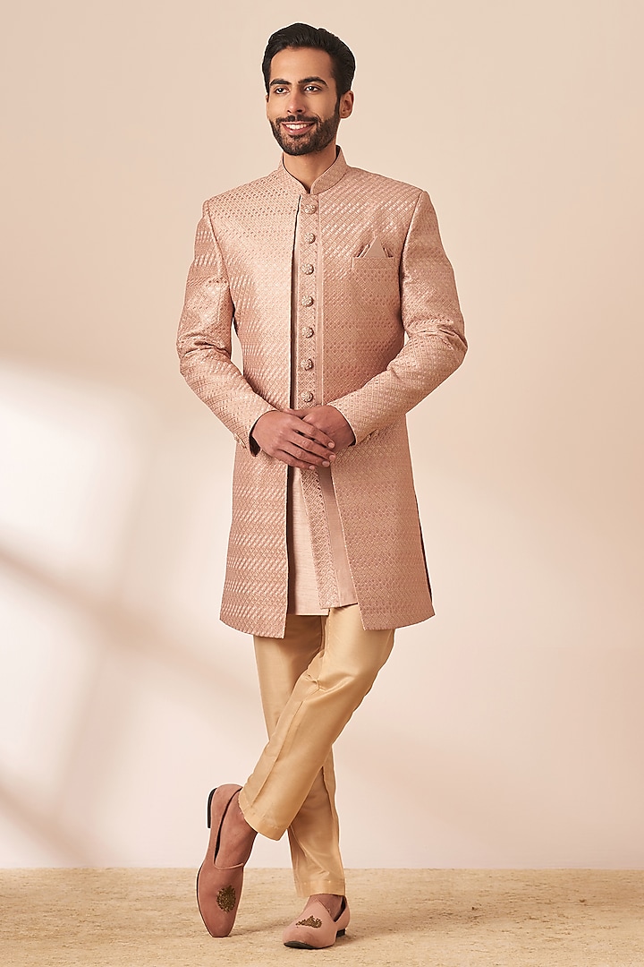 Dusty Pink Art Silk Textured Sherwani Set by Manyavar