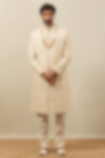 Cream Art Silk Embroidered Sherwani Set by Manyavar