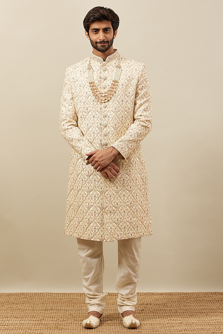 Cream Art Silk Embroidered Sherwani Set by Manyavar