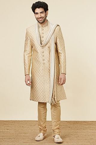 Fawn Art Silk Stone Work Sherwani Set by Manyavar