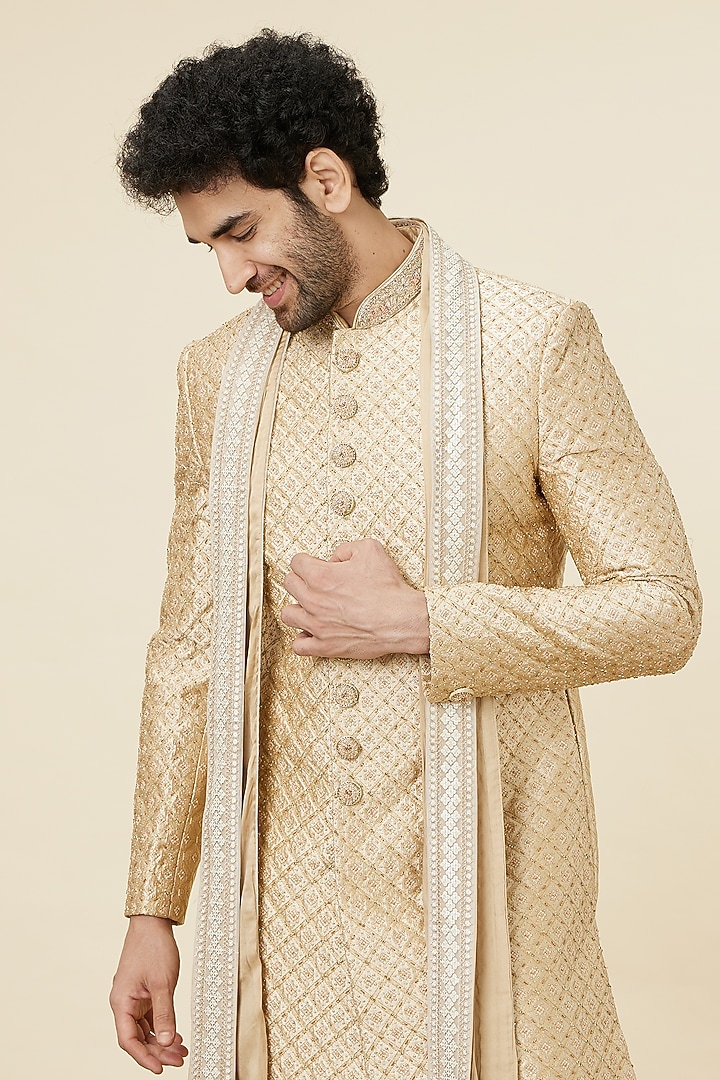 Fawn Art Silk Stone Work Wedding Sherwani Set by Manyavar at Pernia's Pop Up Shop