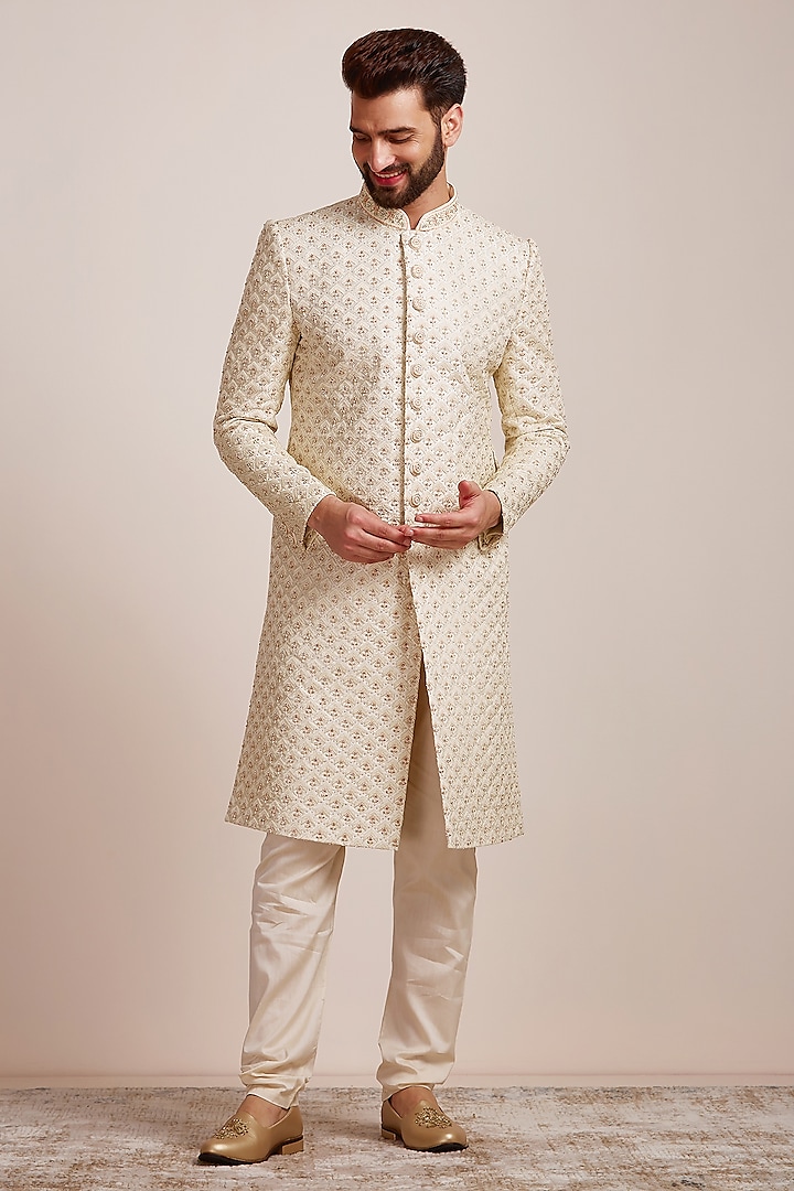 Cream Art Silk Embroidered Wedding Sherwani Set by Manyavar at Pernia's Pop Up Shop
