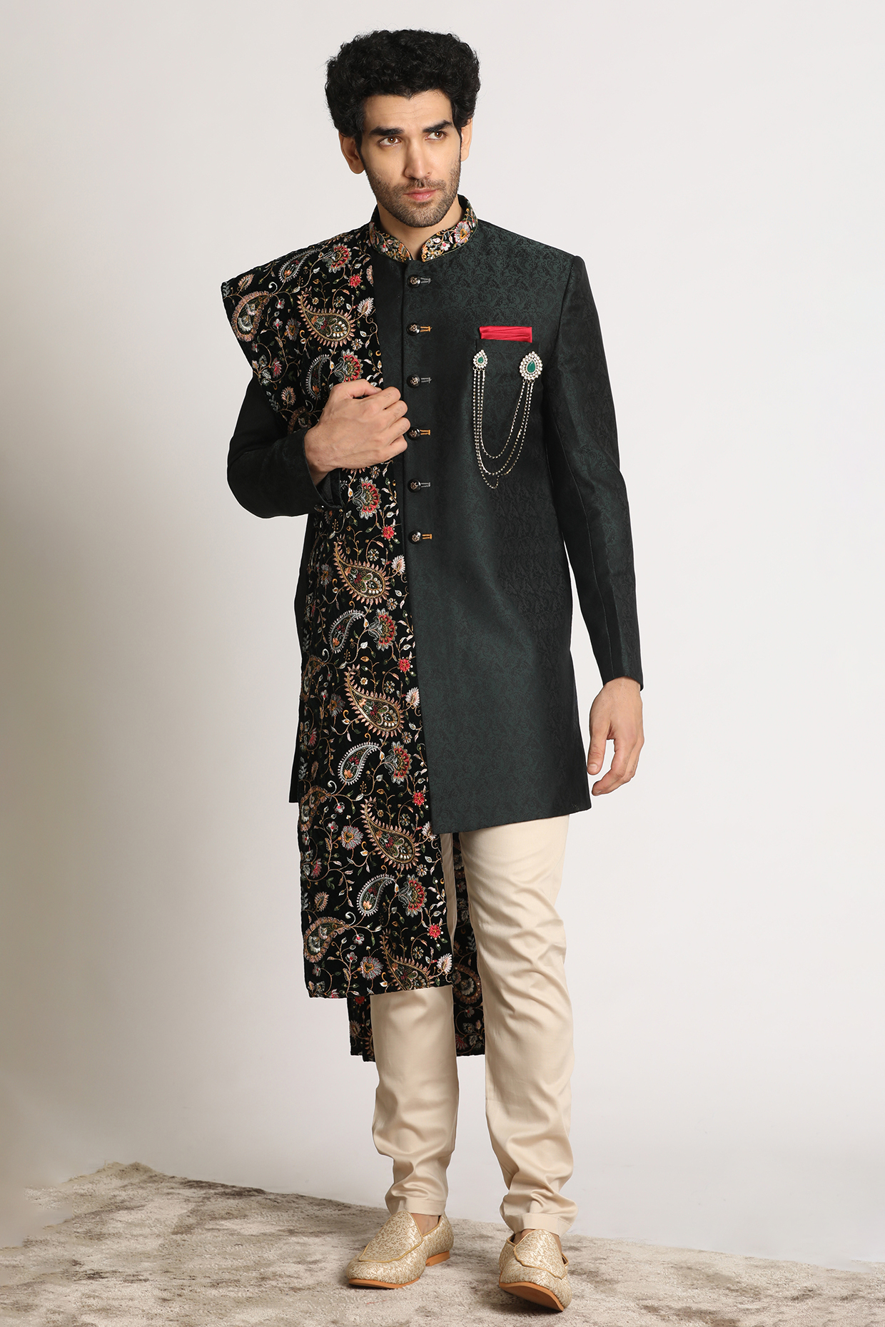 Teal Green Blended Rayon Textured Indowestern Set by Manyavar at Pernia's Pop Up Shop