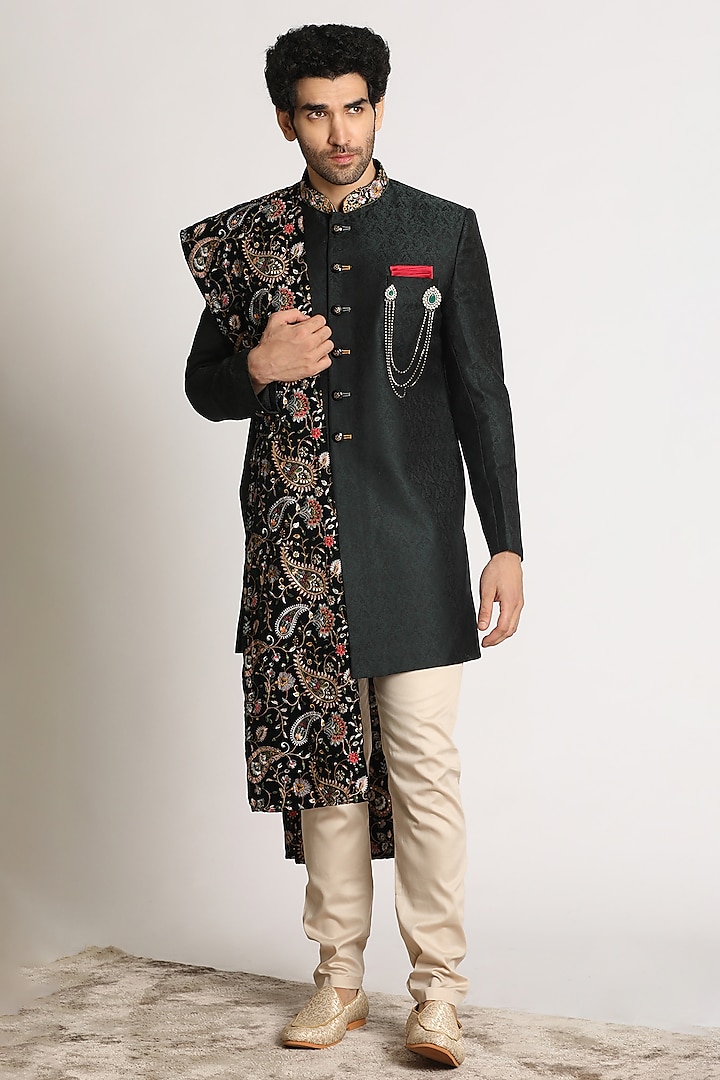 Teal Green Blended Rayon Textured Indowestern Set by Manyavar at Pernia's Pop Up Shop