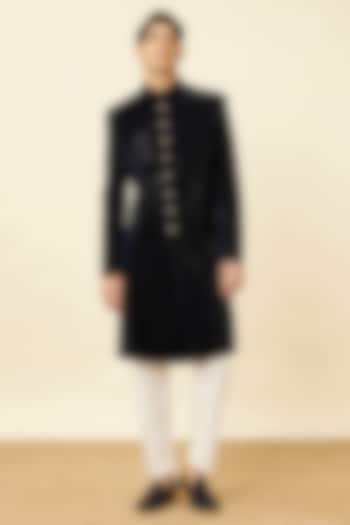 Dark Blue Velvet Textured Wedding Sherwani Set by Manyavar at Pernia's Pop Up Shop