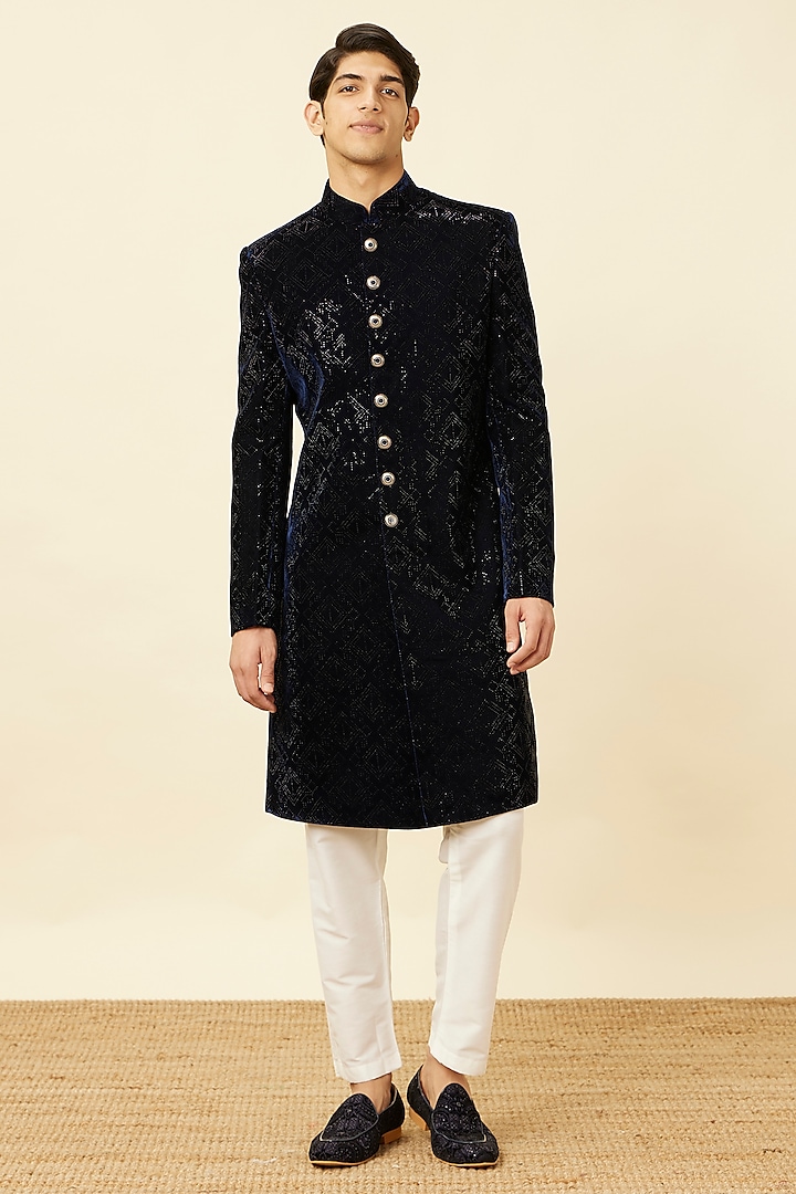 Dark Blue Velvet Textured Wedding Sherwani Set by Manyavar at Pernia's Pop Up Shop