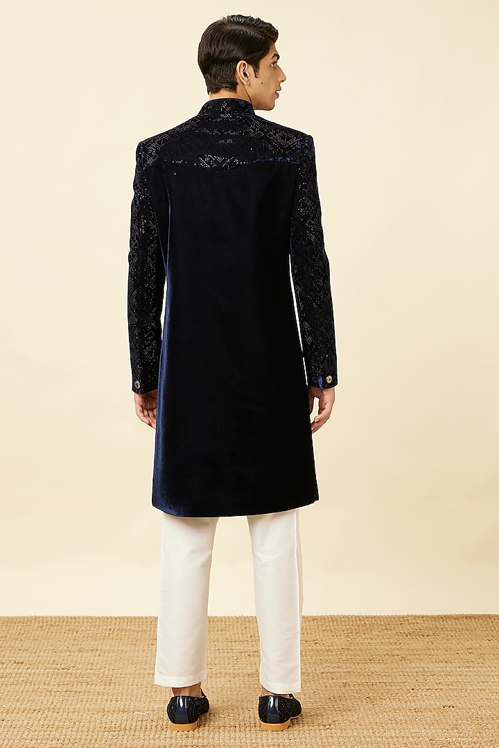 Dark Blue Velvet Textured Wedding Sherwani Set by Manyavar at Pernia's Pop Up Shop