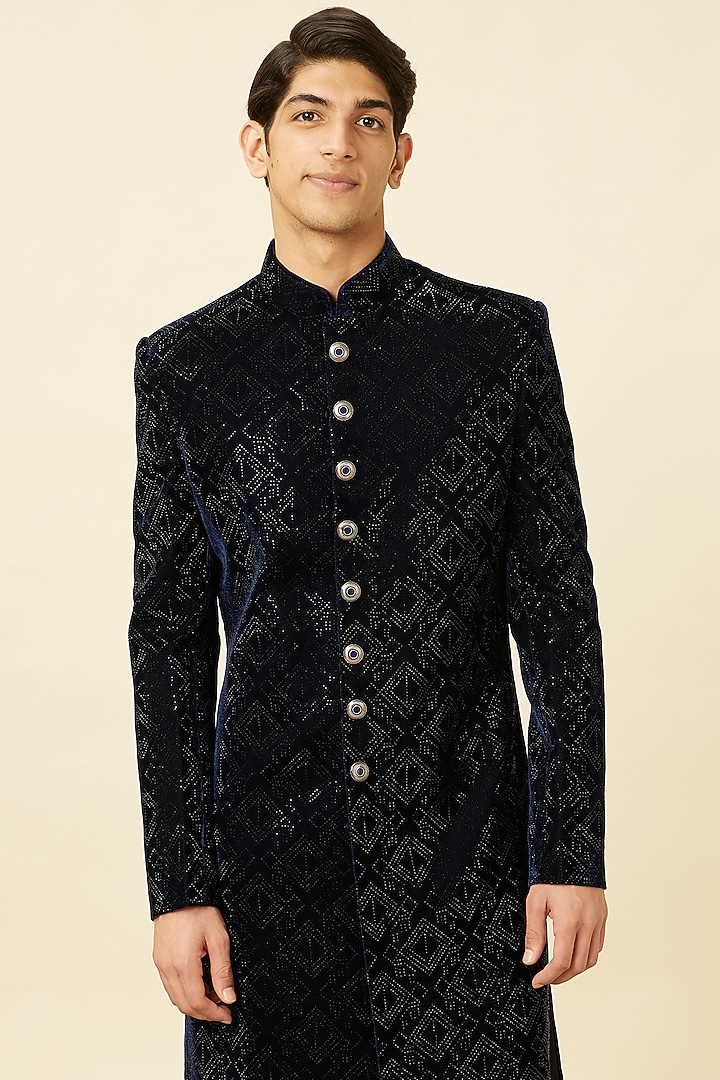 Dark Blue Velvet Textured Wedding Sherwani Set by Manyavar at Pernia's Pop Up Shop