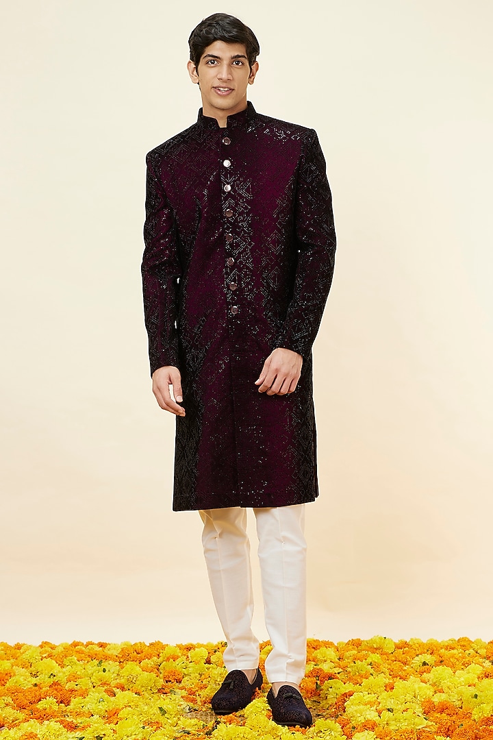 Wine Velvet Stone Work Sherwani Set by Manyavar