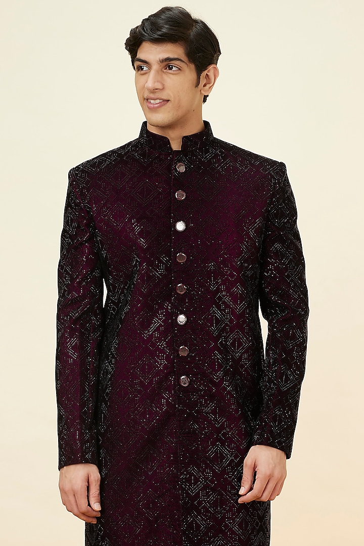 Wine Velvet Stone Work Wedding Sherwani Set by Manyavar at