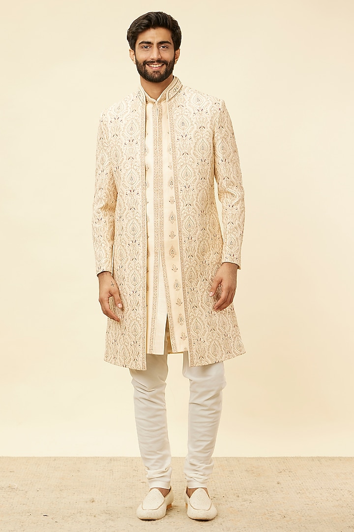 Beige Art Silk Embroidered Wedding Sherwani Set by Manyavar at Pernia's Pop Up Shop