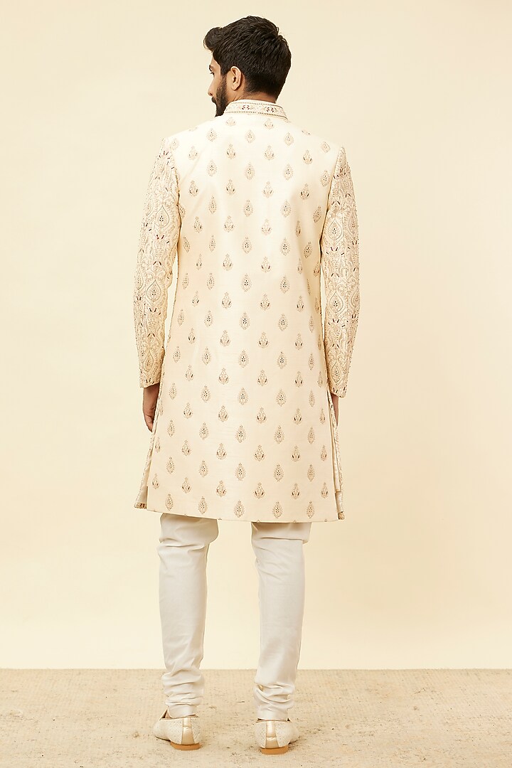 Beige Art Silk Embroidered Wedding Sherwani Set by Manyavar at Pernia's Pop Up Shop