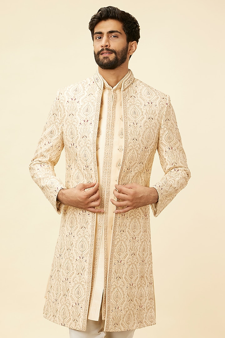 Beige Art Silk Embroidered Wedding Sherwani Set by Manyavar at Pernia's Pop Up Shop