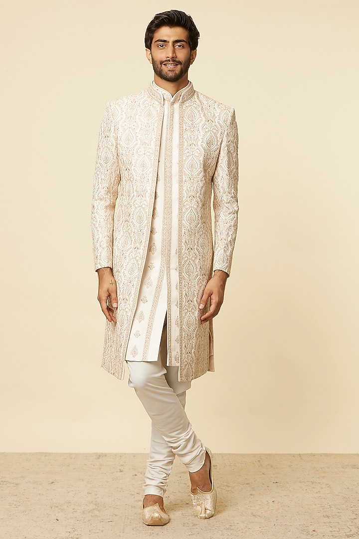 Peach Art Silk Embroidered Wedding Sherwani Set by Manyavar at Pernia's Pop Up Shop