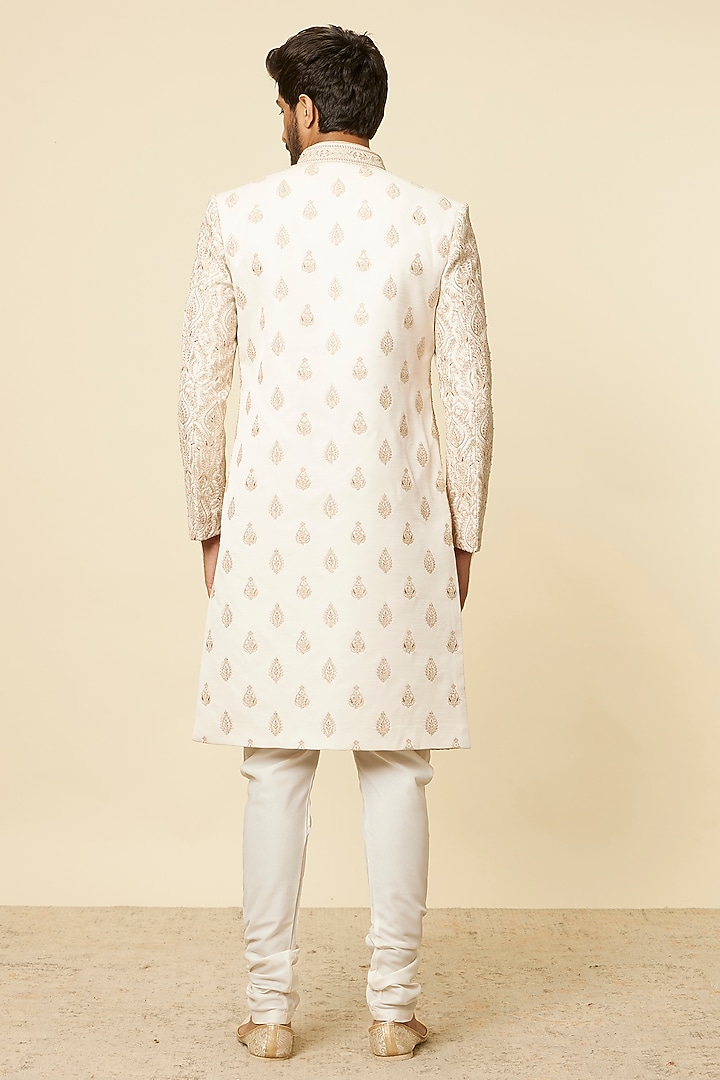 Peach Art Silk Embroidered Wedding Sherwani Set by Manyavar at Pernia's Pop Up Shop