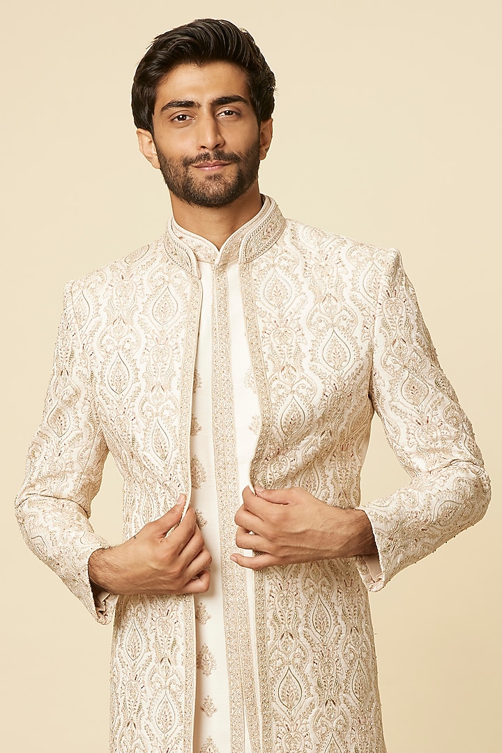 Peach Art Silk Embroidered Wedding Sherwani Set by Manyavar at Pernia's Pop Up Shop