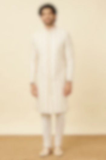 Warm White Art Silk Textured Sherwani Set by Manyavar at Pernia's Pop Up Shop