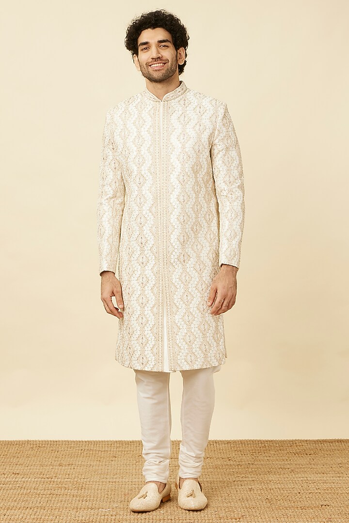 Warm White Art Silk Textured Sherwani Set by Manyavar at Pernia's Pop Up Shop