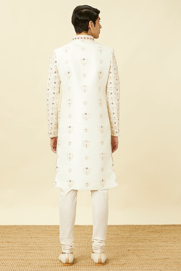 Warm White Art Silk Floral Wedding Sherwani Set by Manyavar at Pernia's Pop Up Shop