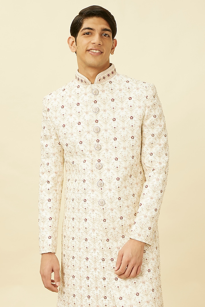 Warm White Art Silk Floral Wedding Sherwani Set by Manyavar at Pernia's Pop Up Shop
