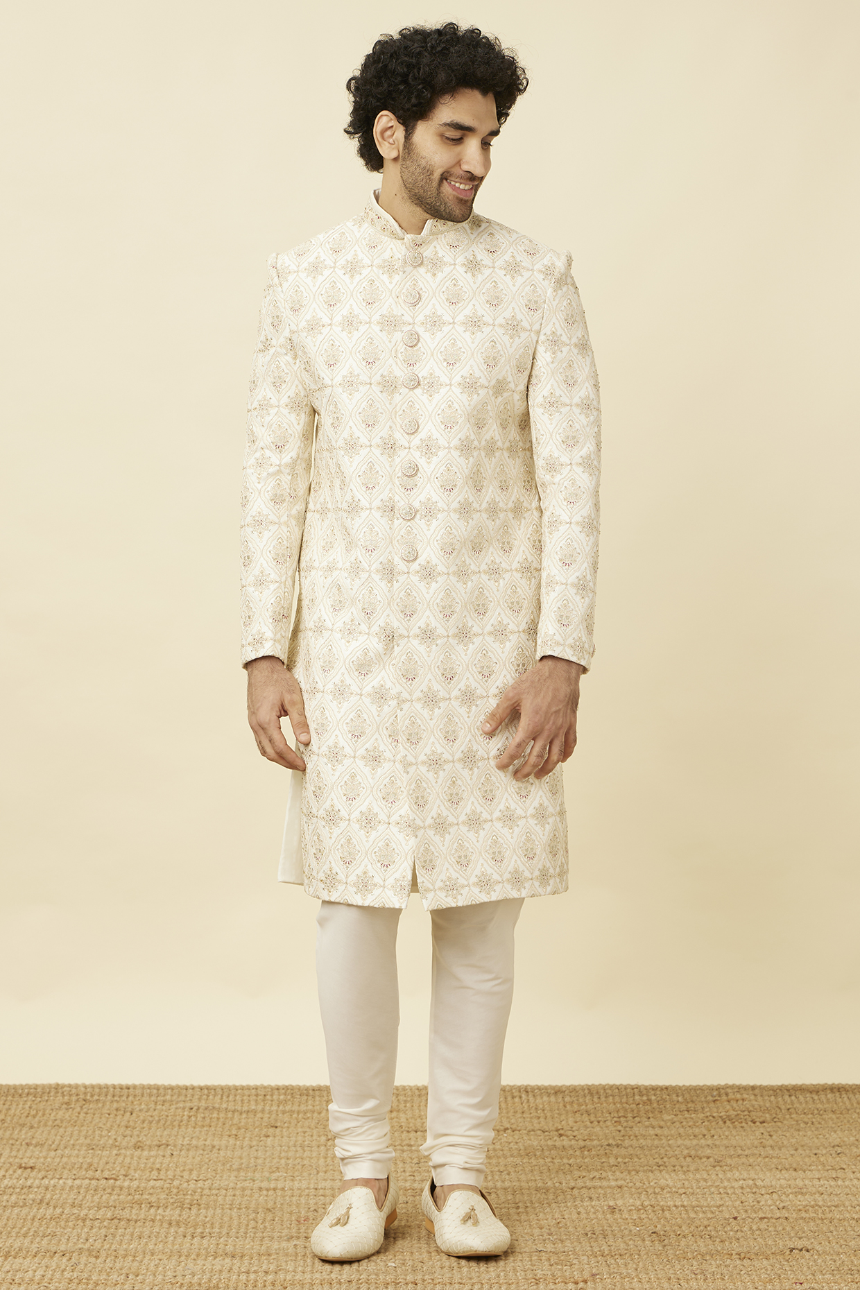 Warm White Art Silk Self-Textured Wedding Sherwani Set by Manyavar at Pernia's Pop Up Shop