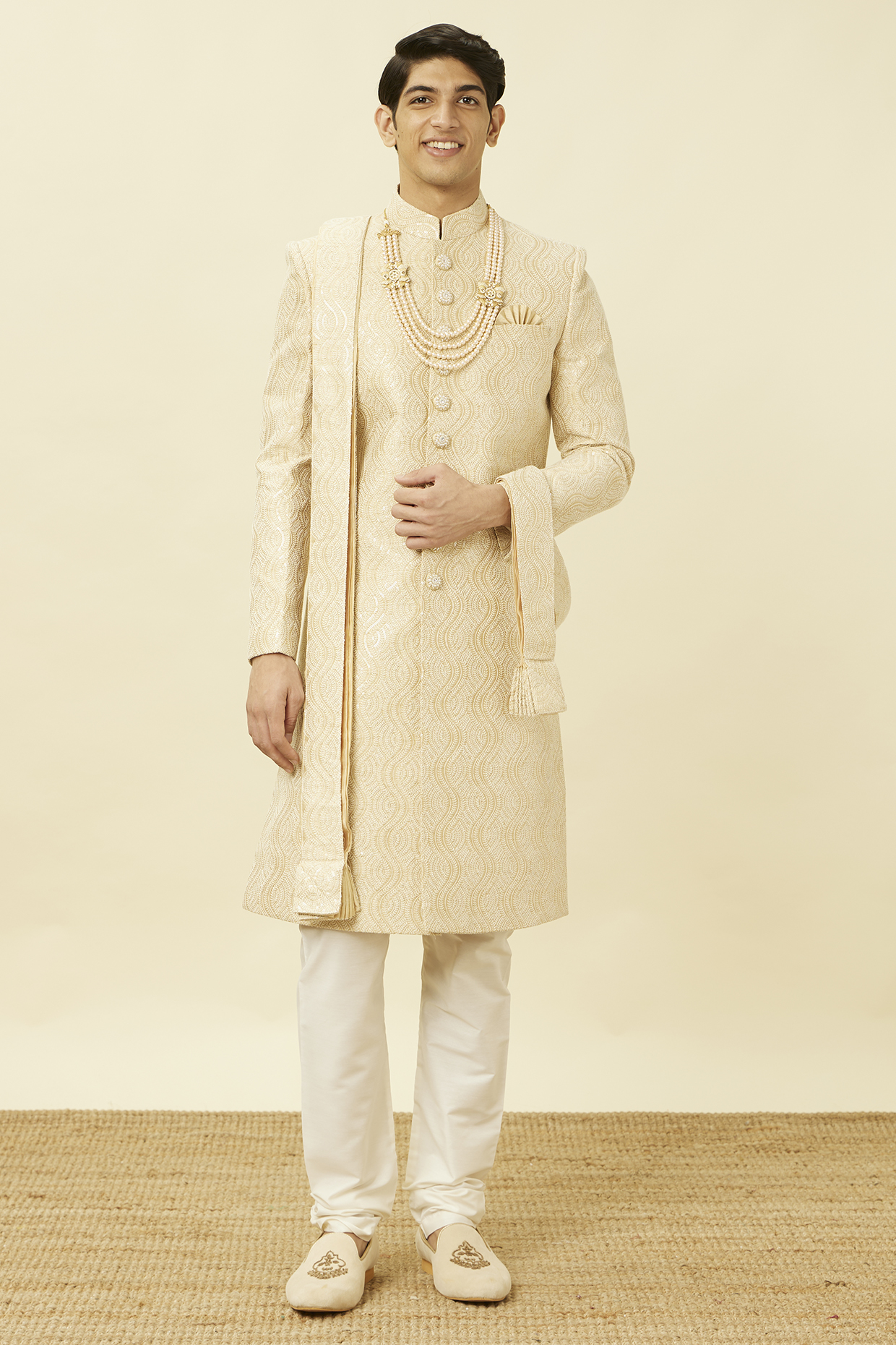Beige Art Silk Self-Textured Sherwani Set by Manyavar at Pernia's Pop Up Shop