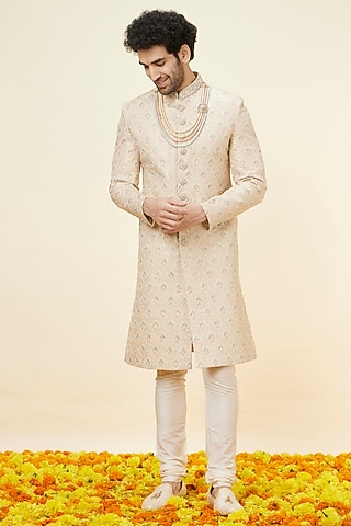Biscuit Beige Art Silk Self-Textured Sherwani Set by Manyavar