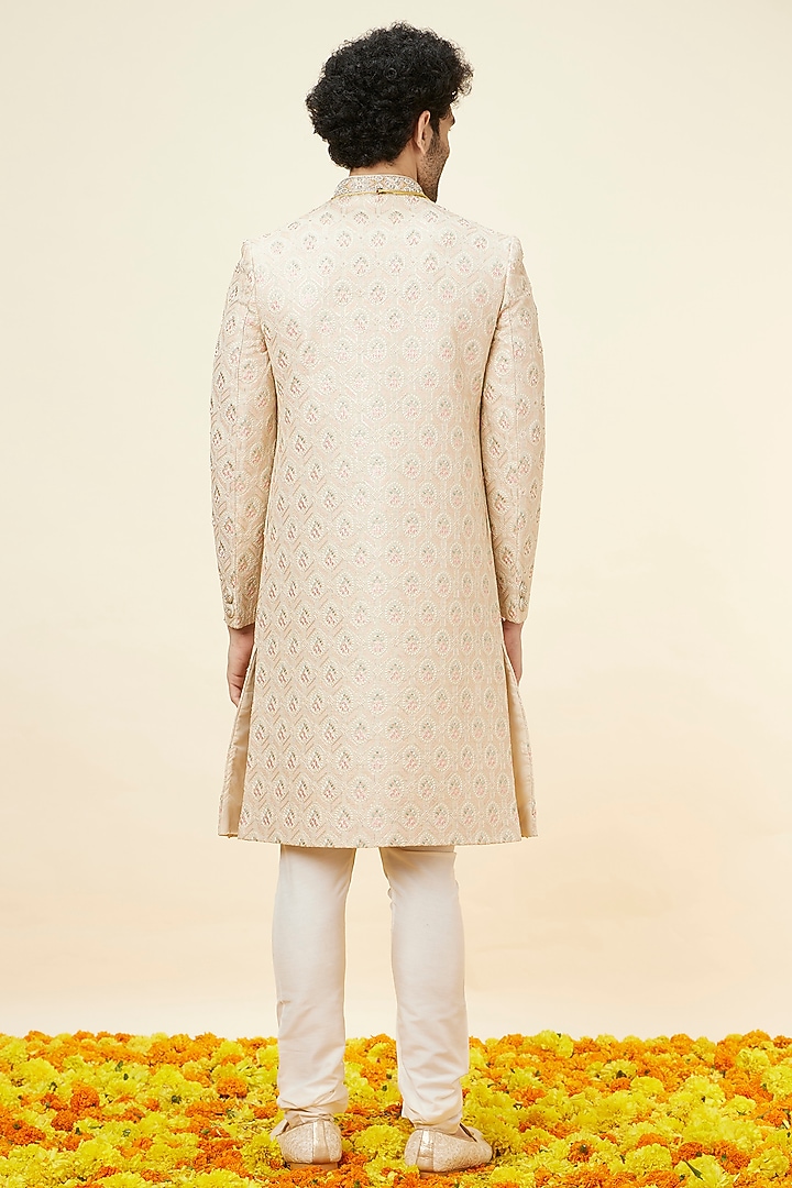 Biscuit Beige Art Silk Self-Textured Wedding Sherwani Set by Manyavar at Pernia's Pop Up Shop