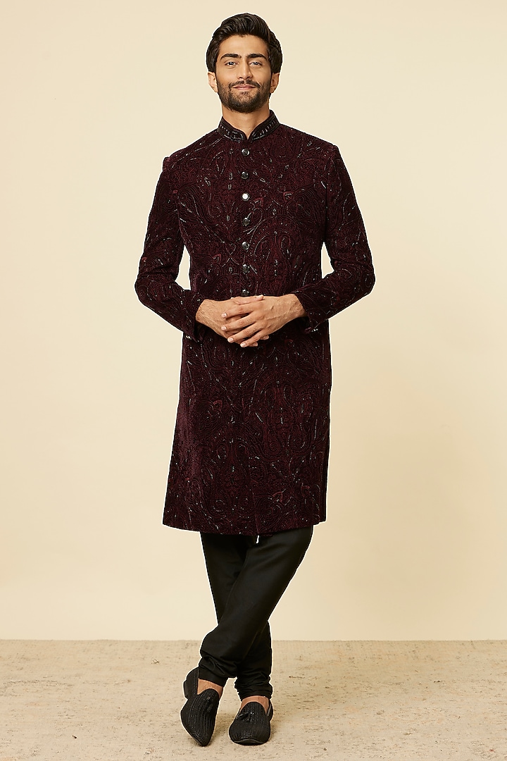 Wine Velvet Embroidered Sherwani Set by Manyavar