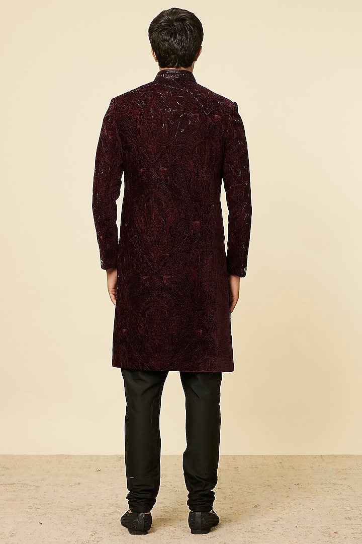 Wine Velvet Embroidered Wedding Sherwani Set by Manyavar at Pernia's Pop Up Shop
