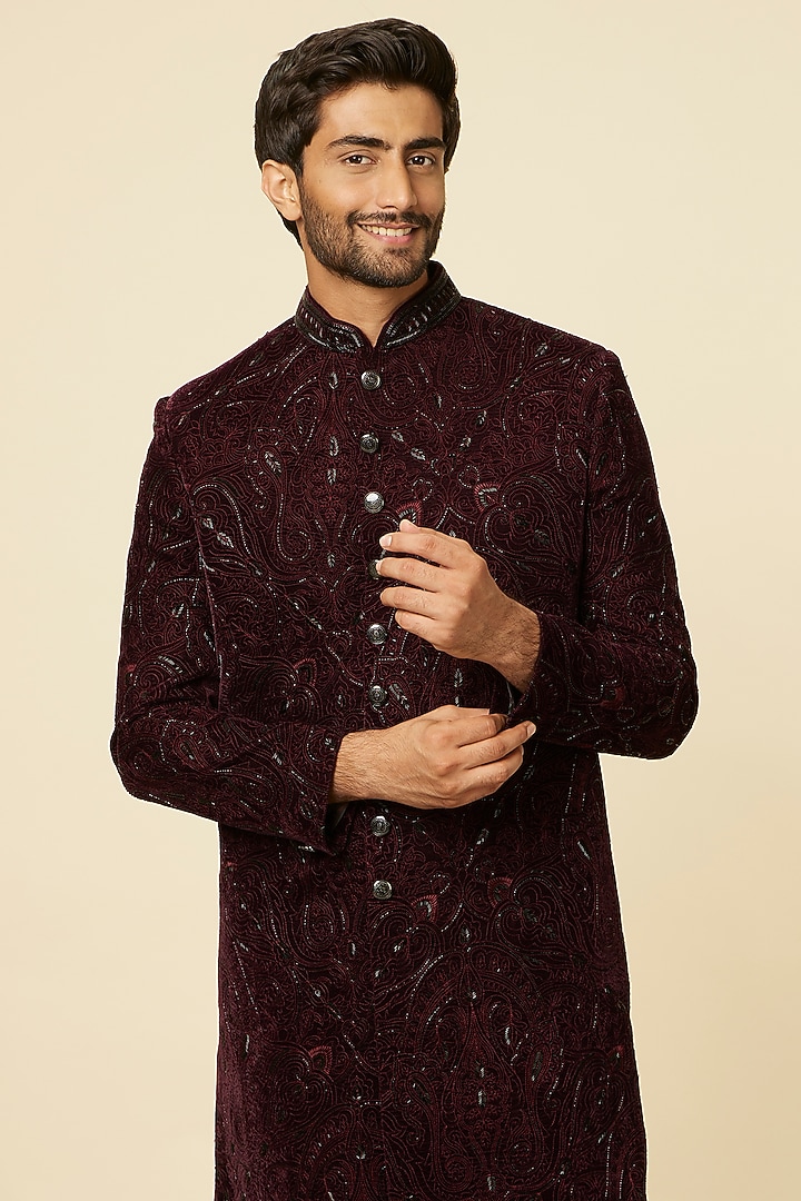 Wine Velvet Embroidered Wedding Sherwani Set by Manyavar at Pernia's Pop Up Shop