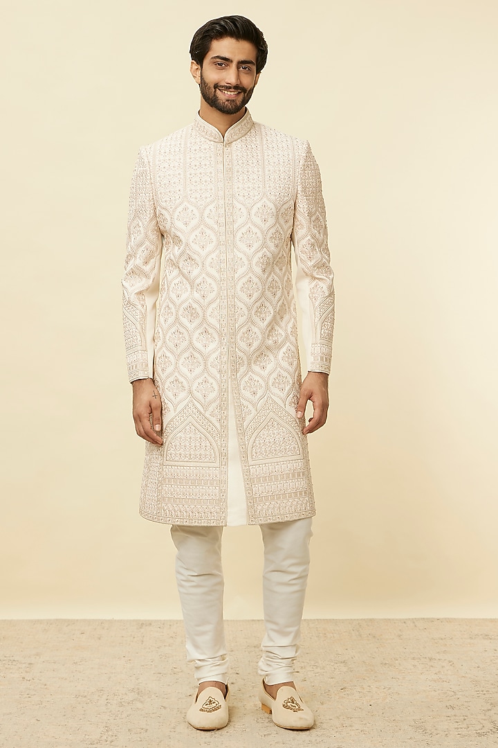 Beige Art Silk Self-Textured Wedding Sherwani Set by Manyavar at Pernia's Pop Up Shop