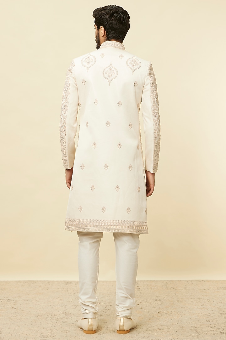 Beige Art Silk Self-Textured Wedding Sherwani Set by Manyavar at Pernia's Pop Up Shop