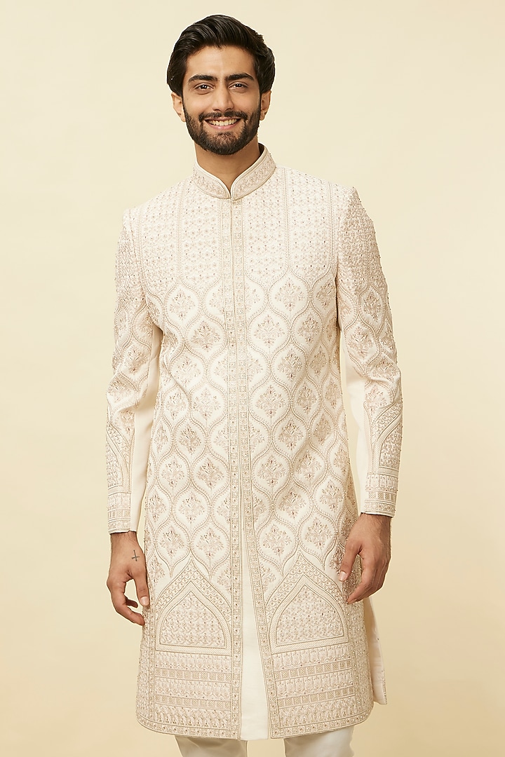 Beige Art Silk Self-Textured Wedding Sherwani Set by Manyavar at Pernia's Pop Up Shop