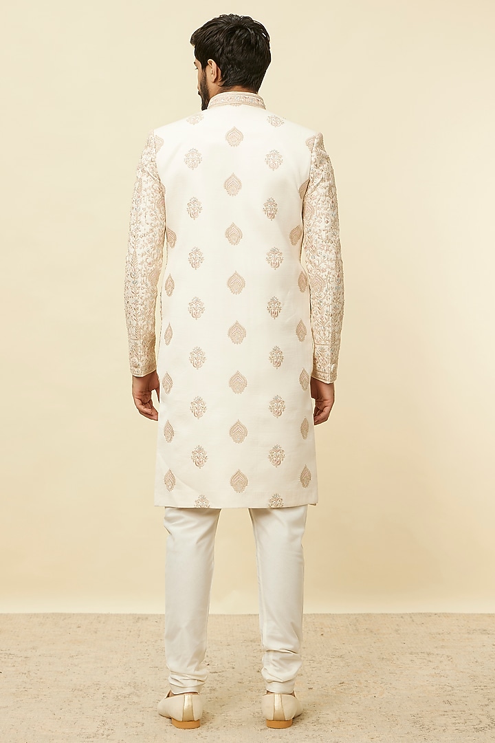 Cream Art Silk Self-Textured Wedding Sherwani Set by Manyavar at Pernia's Pop Up Shop